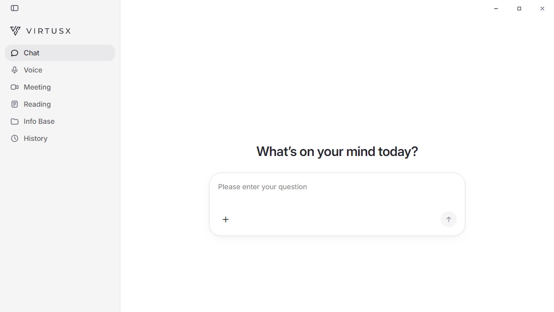 The Virtusx app on Windows, open on Chat: What's on your mind today?