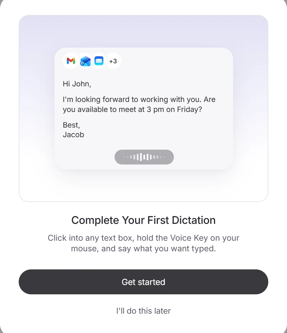 A lesson card: Complete Your First Dictation, with Get started