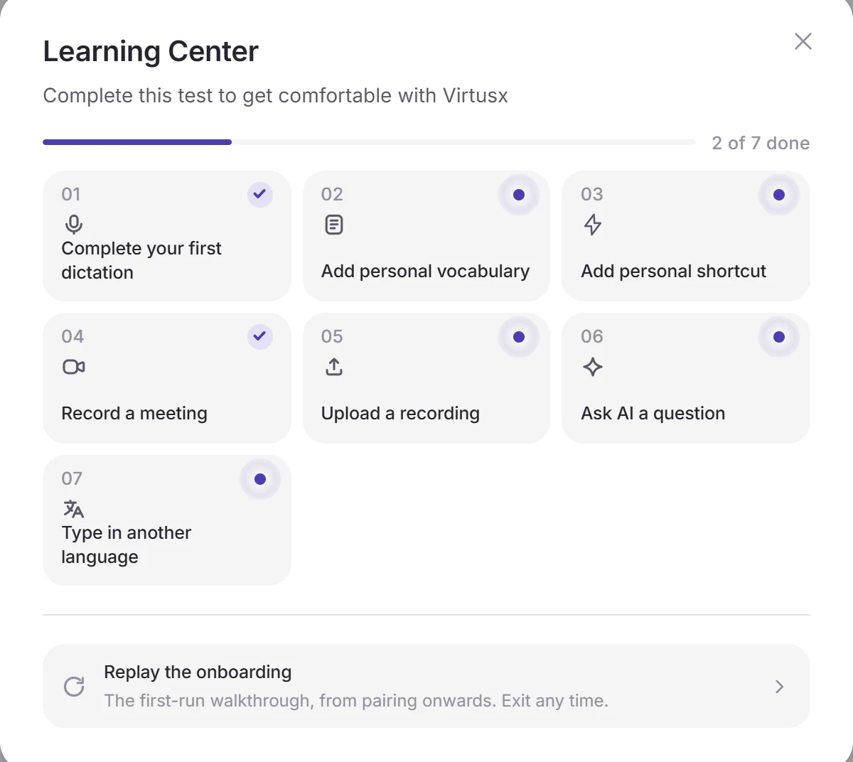 The Learning Center in the Virtusx app, with its seven lessons