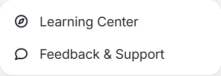 The ? menu in the Virtusx app: Learning Center, Feedback and Support